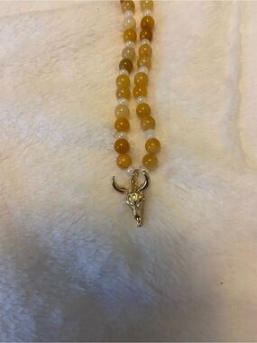 BeadedNecklace with Gold Bull Skull Pendant